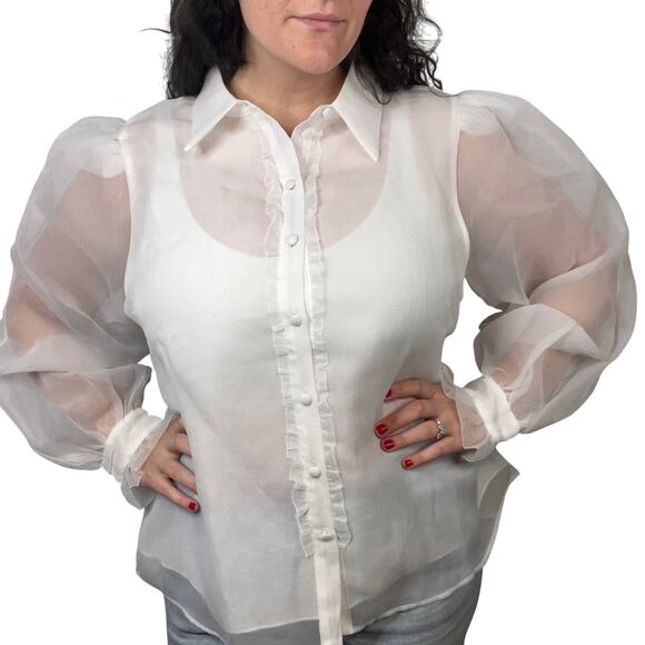 NWT Fate Curve Puff Sleeve White Button Down Blouse Ruffle Long Sleeve Shirt - Picture 2 of 8